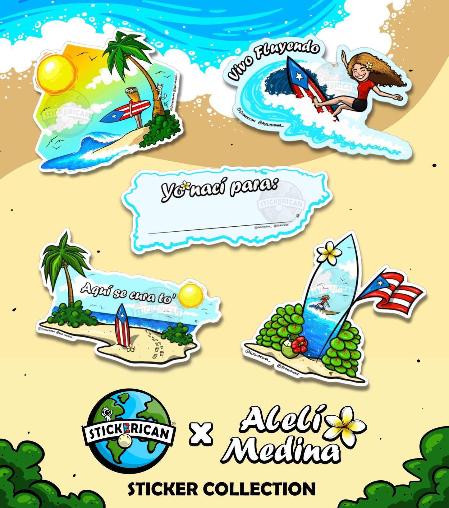 Tabla de Surf Boricua - Stickerican x Alelí Medina Collection