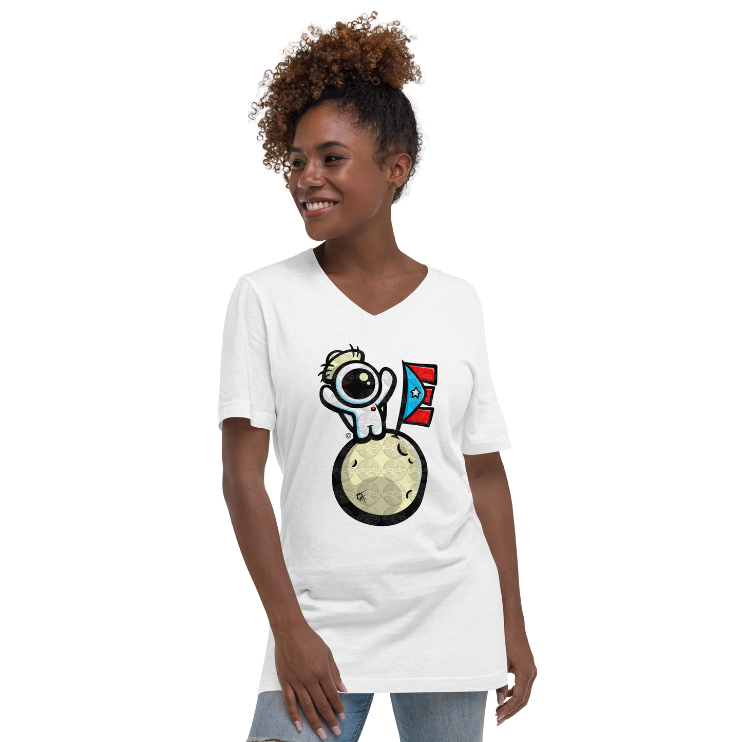 “Boricua en la Luna” Stickerican Edition - Unisex Short Sleeve V-Neck T-Shirt